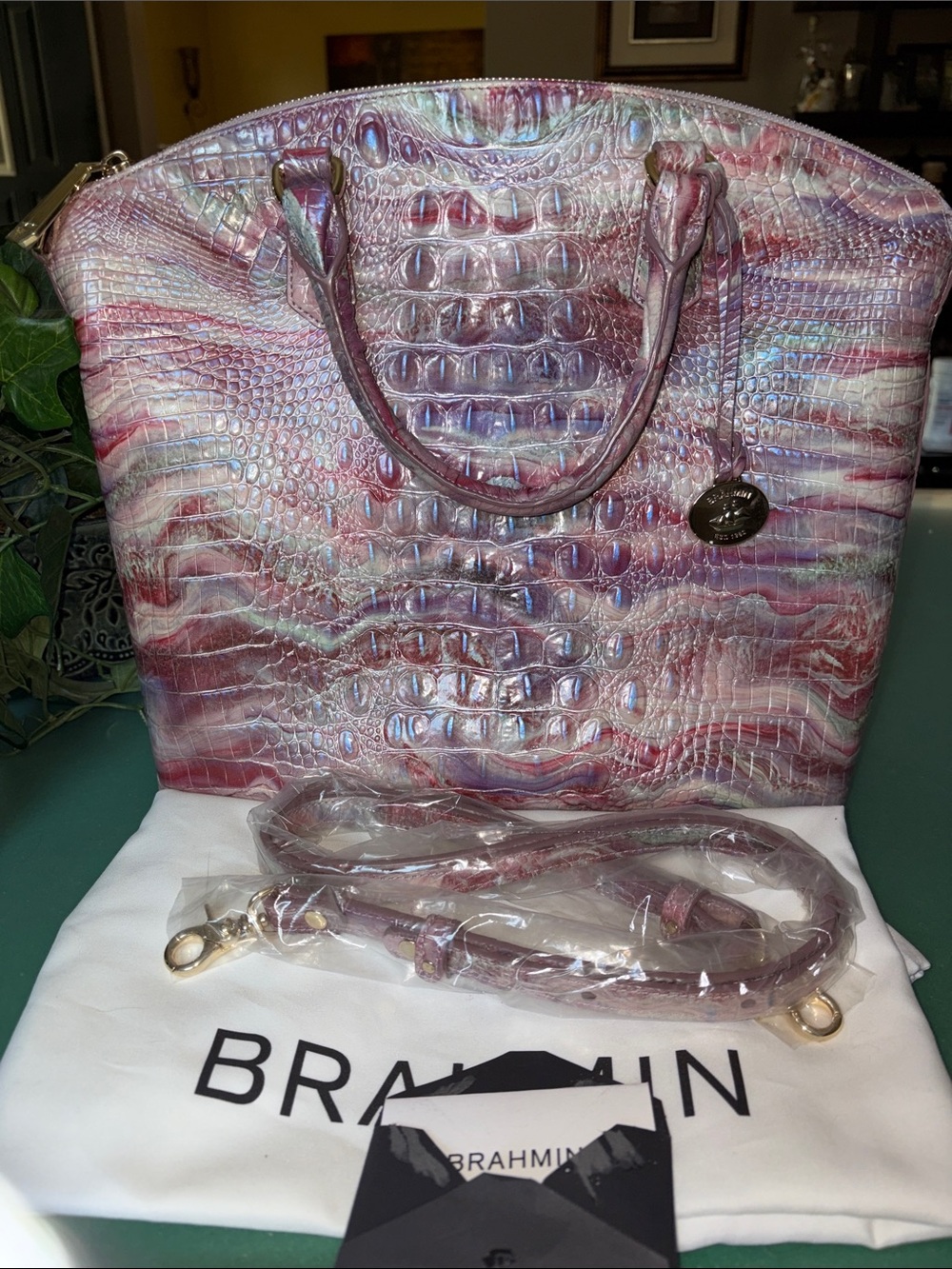 Brahmin Large Duxbury Pink Aura color way Croc-Embossed Satchel. Like new!!